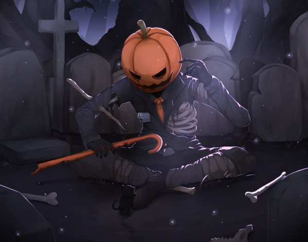 Обои картинки фото праздничные, хэллоуин, джек, -, покоритель, тыкв, хеллоуин, котёнок, тыква, скелет