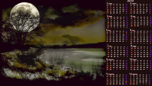 Обои картинки фото календари, компьютерный дизайн, водоем, ночь, луна, растения, природа