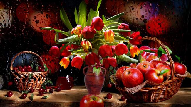 Обои картинки фото еда, натюрморт, букет, тюльпаны, вишня, корзинка, яблоки