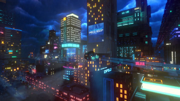 обоя видео игры, cloudpunk, город, будущее, огни, машина