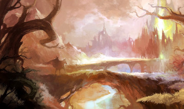 Картинка фэнтези иные+миры +иные+времена всадник деревья скалы мост замок
