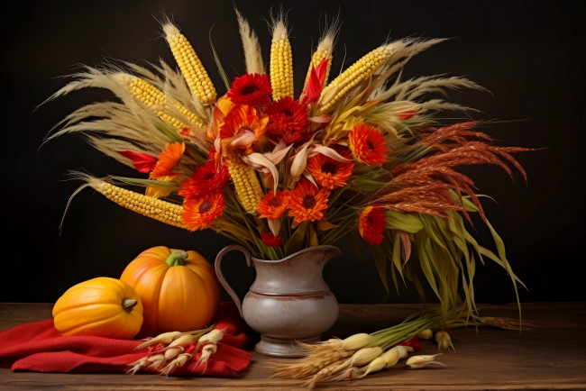 Обои картинки фото еда, натюрморт, букет, тыква, кукуруза, початки