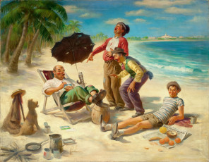 Картинка рисованные люди море отдых пляж