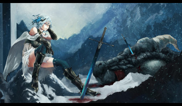 обоя аниме, weapon, blood, technology, меч, дракон, зима, горы, девушка