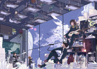 Картинка by+hpknight аниме -headphones+&+instrumental бумага колонки ударные гитара стулья парты мяч музыка птицы цветок ребята класс небо окно