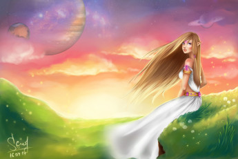 Картинка фэнтези эльфы планеты поляна девушка эльф иной мир