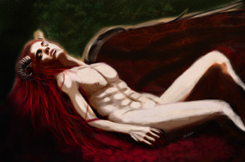 Картинка фэнтези демоны парень лежит взгляд мускулы тело обнажён демон рога