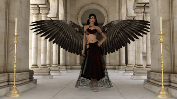 Картинка 3д+графика ангел+ angel свечи крылья ангел эльфийка колоны замок фон взгляд