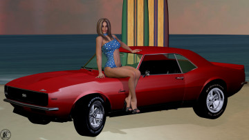 обоя автомобили, 3d car&girl, автомобиль, фон, взгляд, девушка, море, пляжд