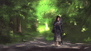 Картинка рисованное люди азиатка дорога лес