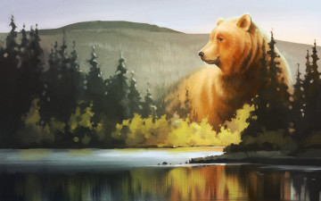 обоя рисованное, животные,  медведи, медведь, лес, озеро