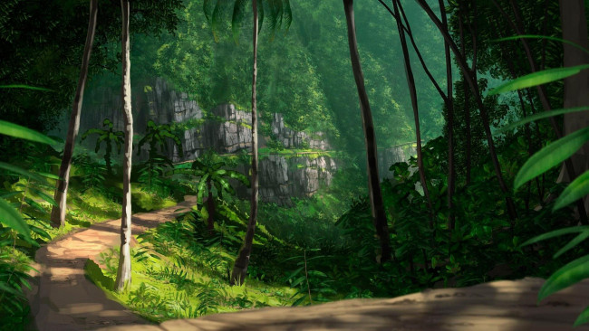 Обои картинки фото рисованное, природа, лес, дорога, деревья, скалы, джунгли