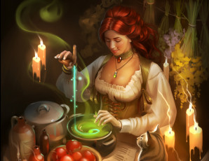 Картинка gaudibuendia фэнтези девушки девушка свечи кот рыжая зелье ведьма