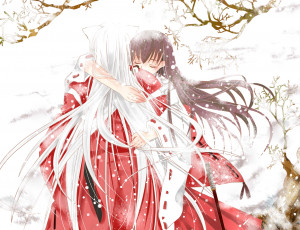 Картинка аниме inuyasha объятия романтика кагоме полу-демон парень инуяша арт