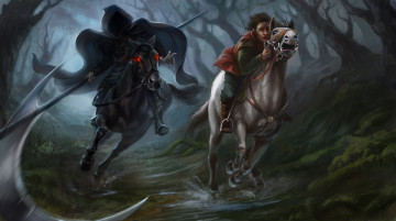 Картинка фэнтези нежить смерть коса фантастика арт деревья лес испуг человек погоня всадник конь