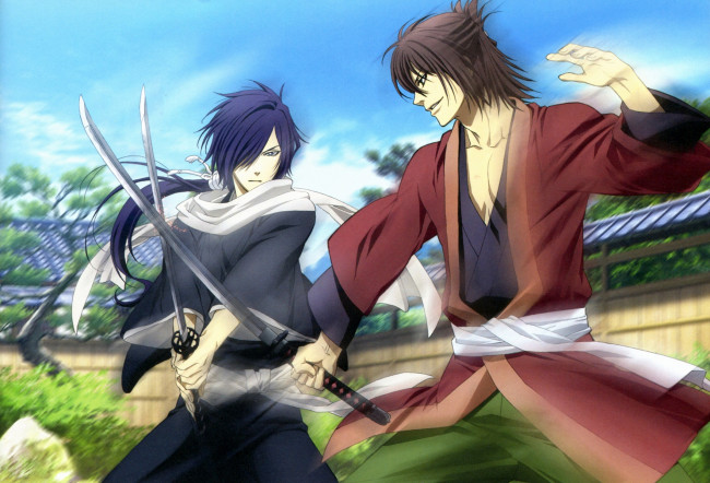 Обои картинки фото аниме, hakuoki, ни, сражение, мечи