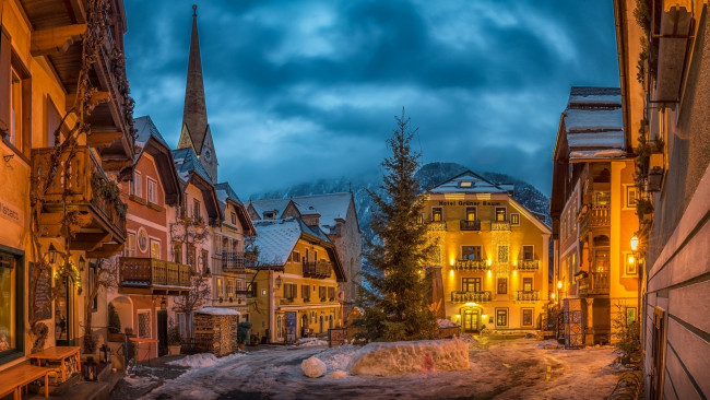 Обои картинки фото города, гальштат , австрия, дома, елка, снег, зима