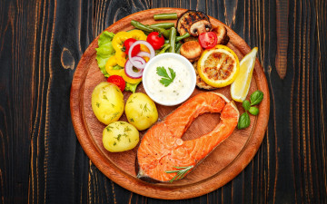 Картинка еда рыбные+блюда +с+морепродуктами грибы seafoods рыба fish соус салат картофель овощи доска лимон перец vegetables