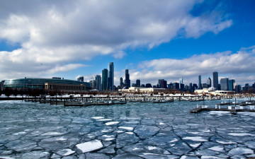 обоя города, Чикаго , сша, река, лед