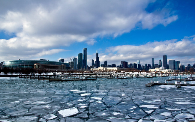 Обои картинки фото города, Чикаго , сша, река, лед