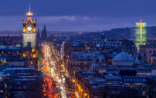 Обои картинки фото города, эдинбург , шотландия, панорама, улица, вечер, огни