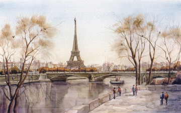 Картинка рисованные города акварель франция эйфелева башня париж