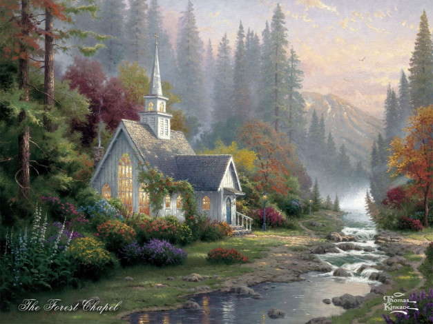 Обои картинки фото thomas, kinkade, рисованные, церковь, пейзаж, река