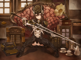 Картинка by ricci аниме weapon blood technology девушка меч комната часы машинка граммофон