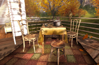 Картинка 3д графика realism реализм осень веранда стол стулья