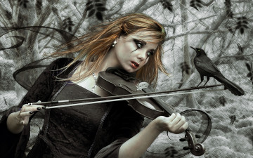 Картинка фэнтези девушки скрипка ворон