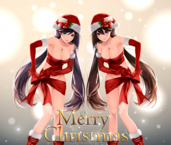 Обои картинки фото by katase waka, аниме, -merry chrismas & winter, крест, девушки, близнецы, бант, костюм, шапка, колокольчики, ленты