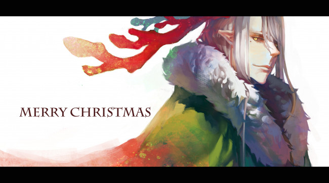 Обои картинки фото by shouka, аниме, -merry chrismas & winter, мех, эльф, родинка, мужчина, рога, взгляд, пальто