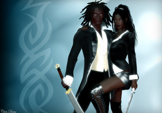 Картинка 3д+графика фантазия+ fantasy мужчина оружие взгляд девушка