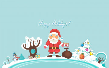 обоя праздничные, векторная графика , новый год, поздравление, ёлка, коробки, подарки, зима, снег, деревья, снеговик, мешок, конверт, дед, мороз
