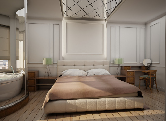 Обои картинки фото 3д графика, реализм , realism, столик, спальня, ванная, подушки, зеркало, кровать
