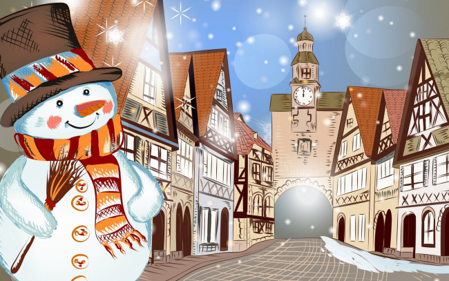 Обои картинки фото праздничные, рисованные, город, часы, снег, здания, дома, снеговик, зима