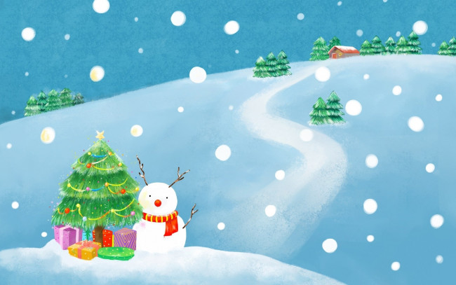 Обои картинки фото праздничные, рисованные, подарки, коробки, снеговик, снегопад, зима, снег, дом, ёлки, дорожка