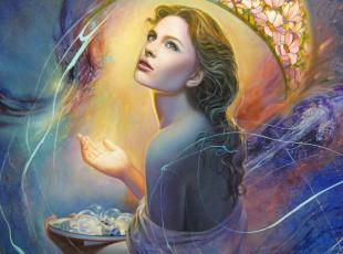 Картинка фэнтези девушки девушка арт свет живопись christiane vleugels лампочки рука лицо взгляд волосы спина