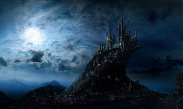 обоя фэнтези, замки, город, ночь, свет, замок, арт, небо, луна, fantasy, фантастика