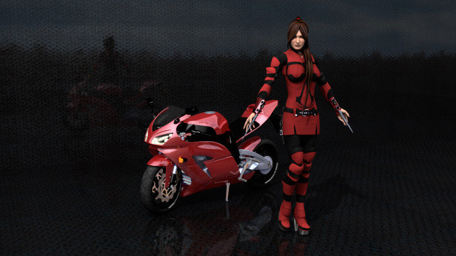 Обои картинки фото мотоциклы, 3d, фон, взгляд, мотоцикл, девушка