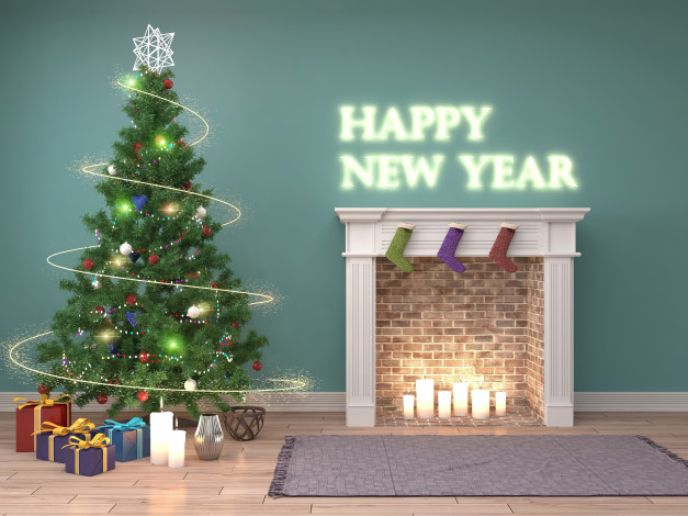 Обои картинки фото праздничные, векторная графика , новый год, украшения, подарки, елка, свечи, новый, год, камин, happy, new, year, комната