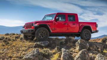 обоя 2020 jeep gladiator rubicon, автомобили, jeep, пикап, красный, rubicon, камни, джип, gladiator, 2020