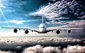 обоя airbus a380, авиация, пассажирские самолёты, hdr, airbus, пассажирские, самолеты, авиалайнер, облака, голубое, небо, a380