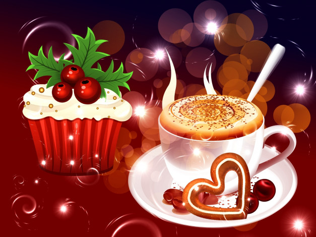 Обои картинки фото праздничные, векторная графика , новый год, фон, ягоды, кофе