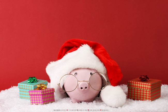 Обои картинки фото календари, праздники,  салюты, свинья, подарок, коробка, шапка, очки, поросенок