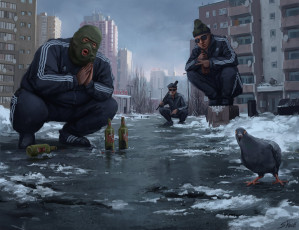 Картинка рисованное люди снег дома бита бутылки голубь гопники