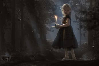 Картинка фэнтези фотоарт череп паук взгляд свеча лес фон девочка