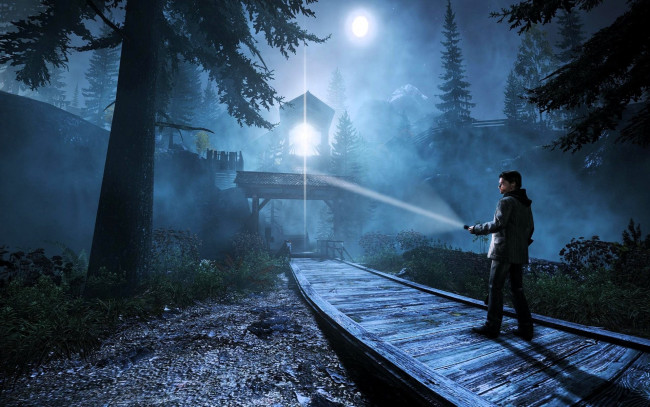 Обои картинки фото видео игры, alan wake, мужчина, фонарь, дорога, лес, строения
