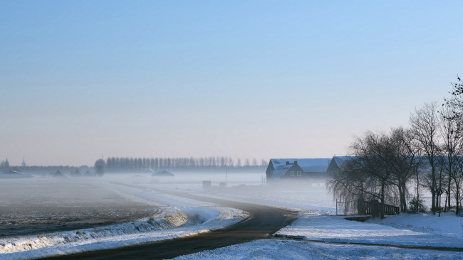 Обои картинки фото природа, зима, дорога, туман, поле