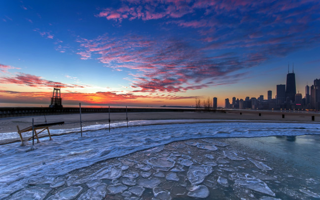 Обои картинки фото chicago, города, Чикаго, сша, лёд, закат